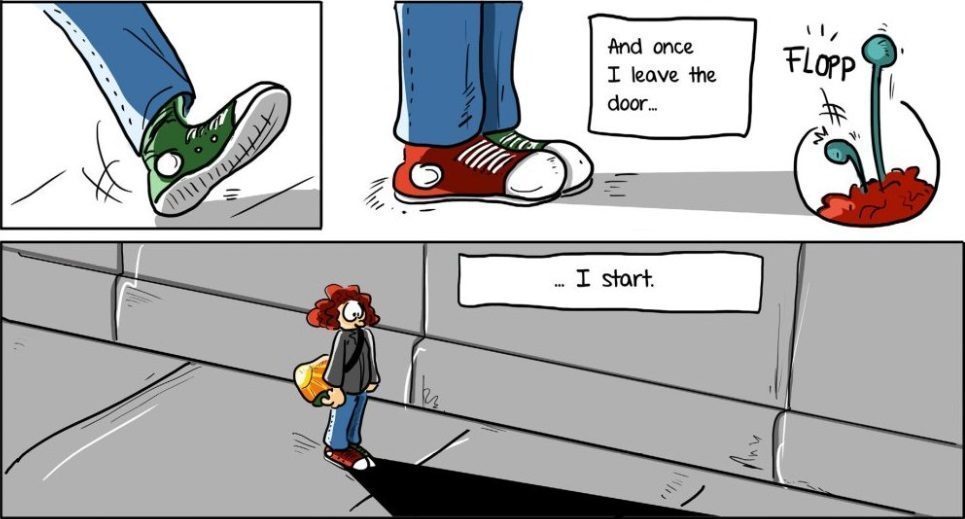 [Panel One: Schreiter’s left foot is shown walking into the panel. Her shadow is light and slightly noticeable Panel Two: The text box reads “And one I leave the door…” Schreiter stops walking, her shadow is visible in front of her. Panel Three: Schreiter’s antenna make a “Flopp” sound, as they disappear into her head. These are a visual cue that she uses to identify autistic people, emphasizing the metaphor that autistic people feel like aliens in the neurotypical world Panel Four: The text box reads “…I start.” Schreiter stands alone on the sidewalk in the center of the panel, which is a wide shot, emphasizing how small and insecure she feel when stepping ‘beyond her shadow’. Her eyes are wide and uncertain. Her shadow is at its darkest and most visible]