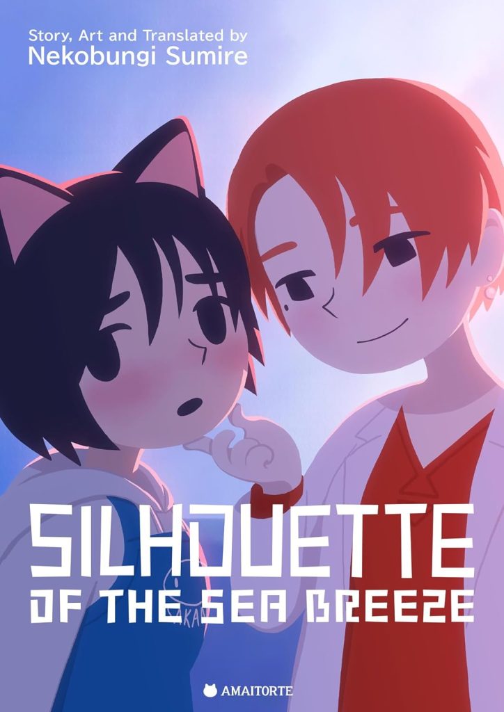The cover of the manga "Silhouette of the Sea Breeze" by Nekobungi Sumire. The cover is focused on two women, a cat-woman on the left and a human woman on the right.  The cat-woman is looking away from the human, who is holding her face, embarrassed and slightly flushed.  The human woman is looking towards the cat-woman with interest, and holding the cat-woman's face up with her right hand. Rosy sunlight highlights both figures
