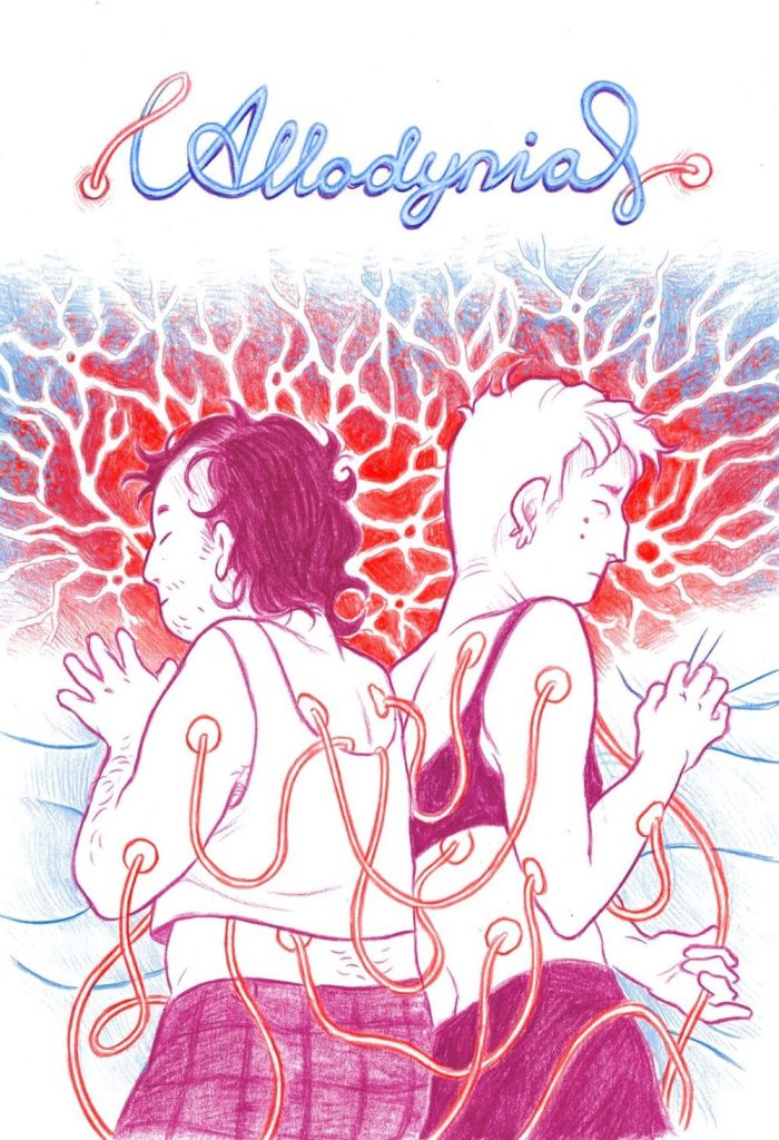 The cover of the comic “Allodynia” by Violet Kitchen. The cover features two people lying on a bed on their sides, their backs facing each other. They both have various electrodes on their backs and arms and are drawn in red and white. The person on the left has short wavy dark hair a white tank top and plaid patterned shorts; their eyes are closed with discomfort and their left hand is touching the sheets. The person on the right has short light hair, a dark bra, and dark pants. Their face is contorted in visible pain, their right hand gripping the sheets and left hand holding one of the electrode wires. Above their heads is a red and white image that resembles nerve endings