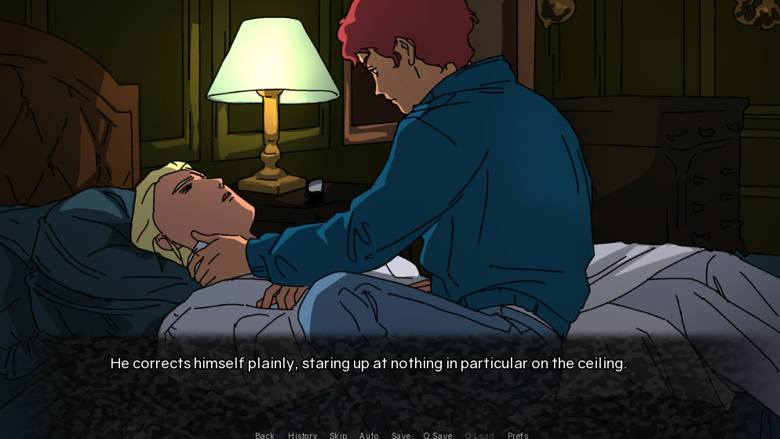 A screenshot from the video game "Char's Ennui" by masha. It depicts Char Aznable, wearing a white housecoat, lying on a bed, his eyes scrunched, and Amuro Ray, wearing a blue jacket and jeans, holding a piece of tissue paper to the right side of Char's neck, frowning. They are sitting in a guest room, with a green lamp lit on the bedside table. The textbox on the bottom of the screen reads: "He corrects himself plainly, staring up at nothing in particular on the ceiling."