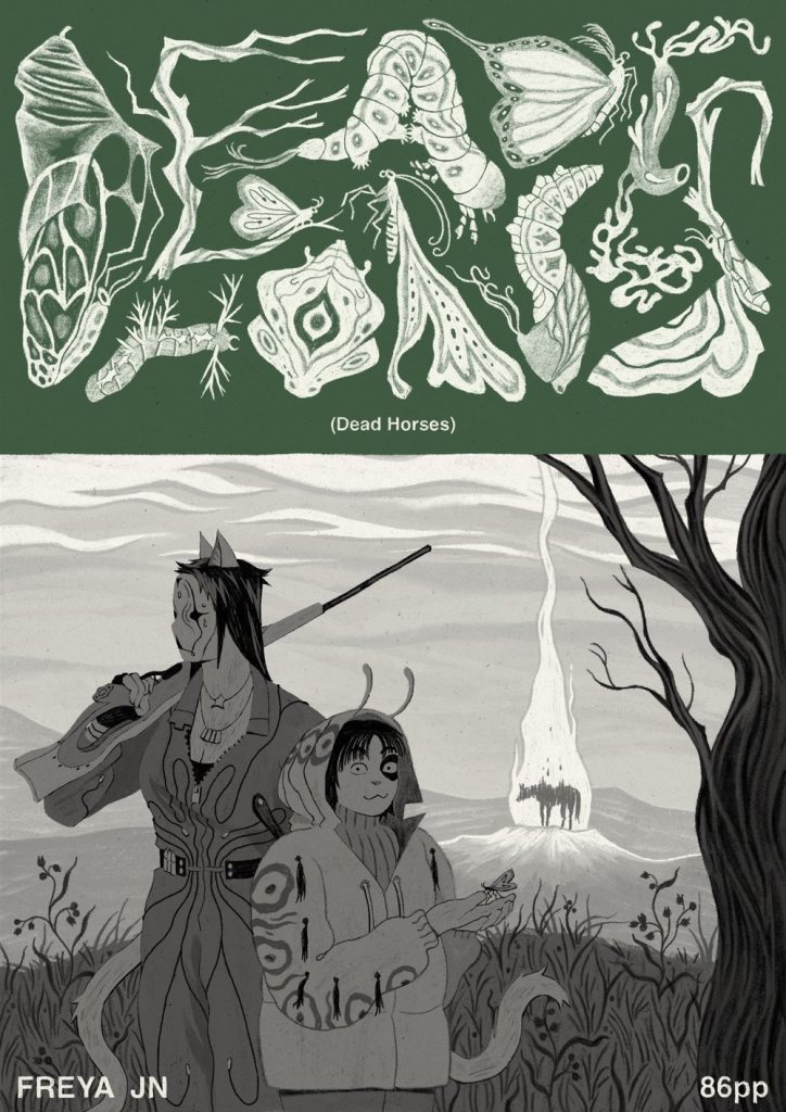 The cover of the comic “Dead Horses” by Freya JN. In the foreground are two anthropomorphic cat people, an adult and a child, standing in a field. The woman is wearing a jumpsuit and mask over her face, a sniper rifle slung over her right shoulder, while the girl is wearing a hoodie that resembles a caterpillar, holding a butterfly in her hands. In the background is a horse, enveloped in flames. The letters of the title are butterflies in various stages of metamorphosis, arranged to resemble letters in the Latin alphabet. The title is written a second time in plain text in parentheses below.
