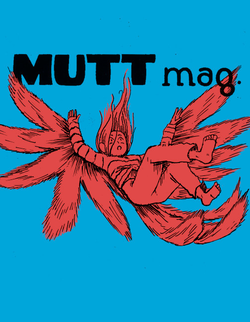 The cover of the comic anthology magazine “Mutt Mag Takeoff”. It shows an individual wearing a striped shirt and pants, falling in mid-air, their long hair being pushed above them by the air. Four large feathers are coming out of their arms, while four feathers are coming from their torso. Their face is slightly flushed. They are coloured in red, while the background is light blue. 