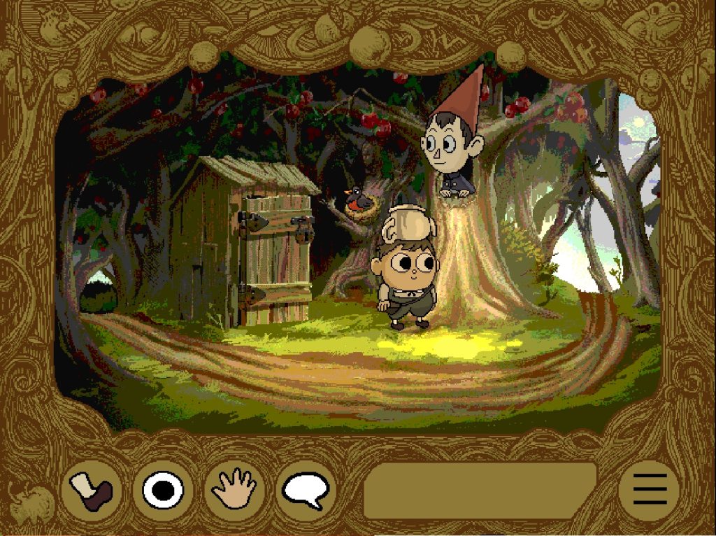 A screenshot from the video game "The Round-About Orchard: A Tiny Over the Garden Wall Game" by Julia Minamata. It shows Greg next to an apple tree, while Wirt is sitting inside the tree's hollow. There is also a wooden shed, a robin sitting in a nest, and a dirt path. Surrounding the scene is a UI that resembles a wood carving, including action commands displayed through stylized four images: a leg for movement, an eye to look, a hand to grab, and a word balloon to talk.