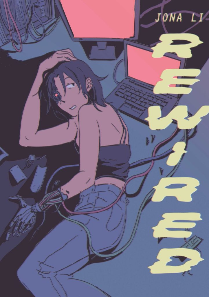 The cover of the comic “Rewired” by Jona Li. The cover features a woman, lying on her right side on the floor, with short, messy brown hair, wearing a black spaghetti strap top and blue jeans. The woman’s left hand does not have flesh on it, but rather a metallic hand with exposed wires on her forearm, and her right eye and surrounding face are also metallic, with a glowing red eye in the socket. A desktop computer tower and monitor, and laptop are visible in the upper half of the cover, the monitors are glowing red. Three wires, blue, red, and green, are connected from the laptop to the woman’s left forearm.
