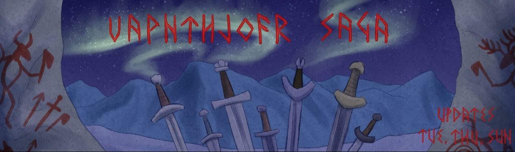The banner of the webcomic “Vápnthjófr saga” by Stina Rudebjer. The background shows a snowy, mountainous landscape at night, with a green aurora on display. The foreground shows seven swords each with different designs and sizes. On the left and right sides are cave walls, both adorned with red cave paintings of anthropomorphic figures holding weapons, an aurochs on the left side and a moose on the right side. The webcomic’s title is written in an alphabet that resembles runes.