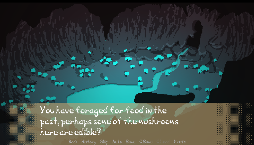 A screenshot from the video game "We Can't Keep Doing This" by TheLoveIandFrogWoman and Cecilia Penifader. It depicts the interior of a cave, with a pool of water in the center and several tear blue bioluminescent mushrooms on the stone floor. The text box on the bottom of the screen reads "You have foraged for food in the past, perhaps some of the mushrooms here are edible?"