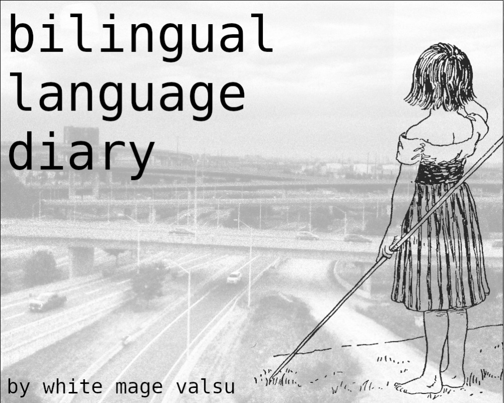 A screenshot from the interactive fiction "bilingual language diary" by Bagenzo under the pseudonym white mage valsu. In the foreground is a drawing of a young woman in a dress, standing on a grassy field without shoes, gazing at the horizon, holding a long thin stick in her left hand, her back facing the player. In the background is a photograph of a highway with a city on the horizon, coloured in black and white. The title and developer are written in black text on the screen.