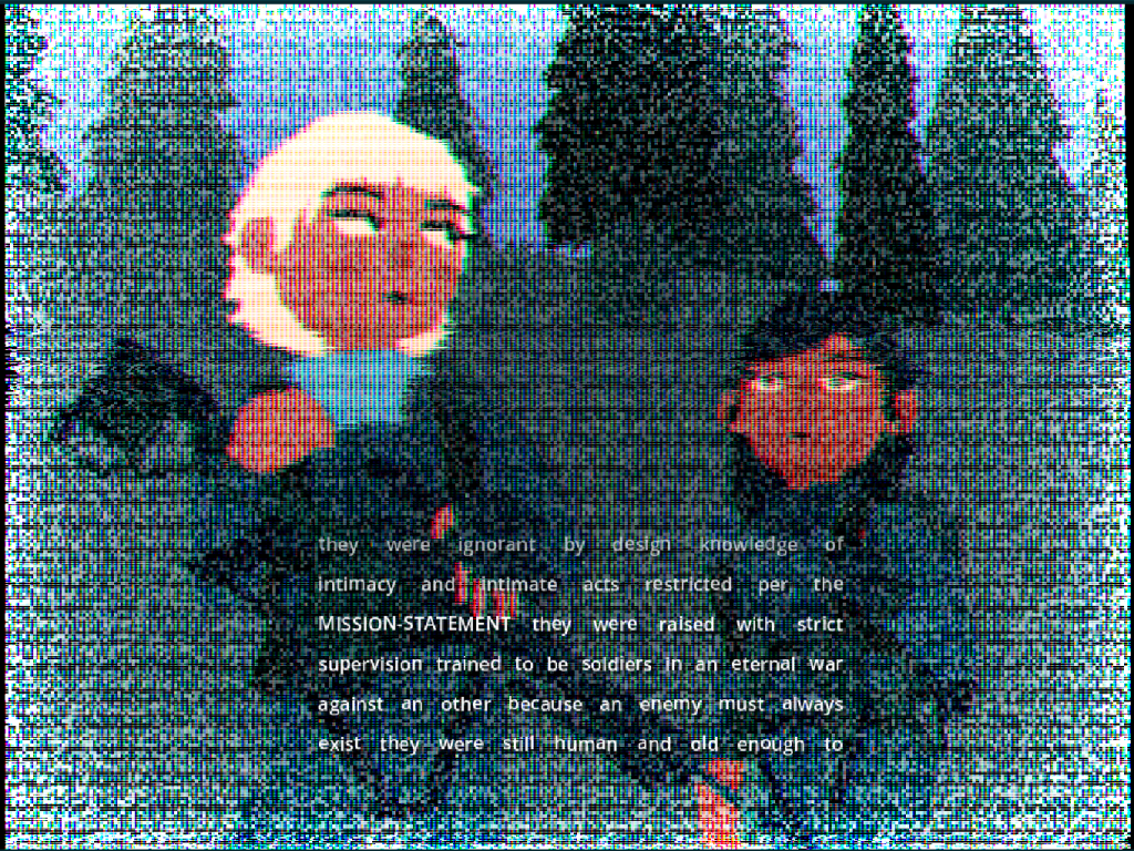 A screenshot from the video game "the language bodies speak" by basicbean. It depicts two young women with short hair, wearing navy blue combat uniforms and carrying guns, standing in the middle of the forest. The image is intentionally obscured with VHS scanlines and "snow". The text on the bottom of the screen reads: "they were ignorant by design knowledge of intimacy and intimate acts restricted per the MISSION-STATEMENT they were raised with strict supervision trained to be soldiers in an eternal war against an other because an enemy must always exist they were still human and old enough to"